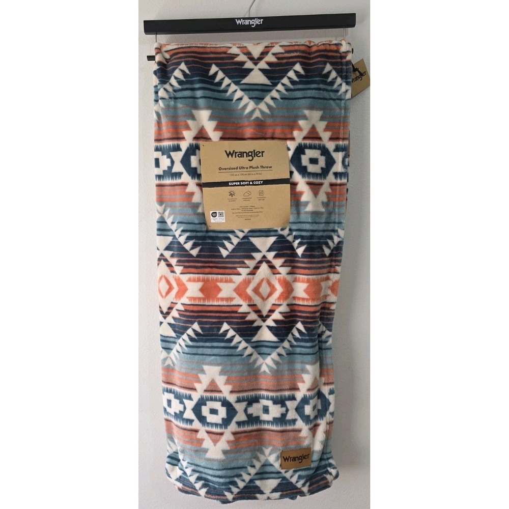 Wrangler Ultra Plush Fleece Blue Coral Blanket Full/Queen Oversized‎ Aztec NEW